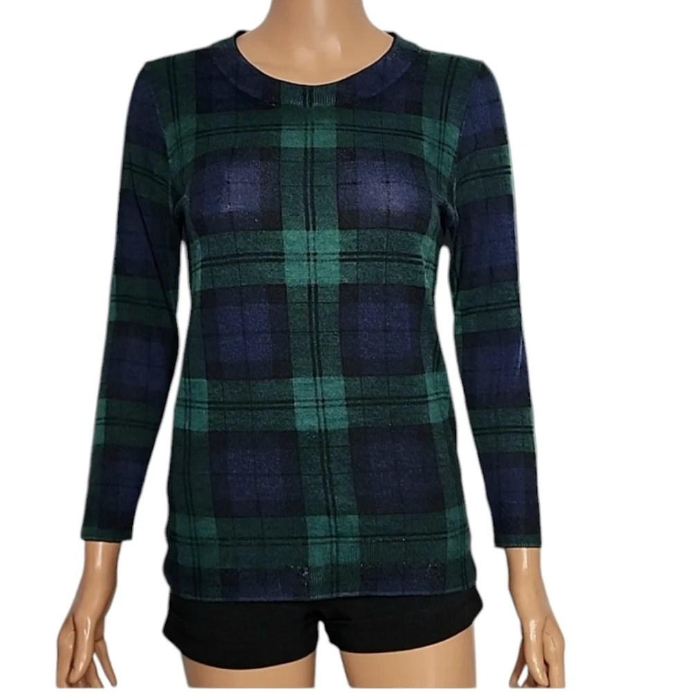 J.Crew Women’s 100% Merino Wool Sweater‎ Size S Plaid Green Blue long sleeve